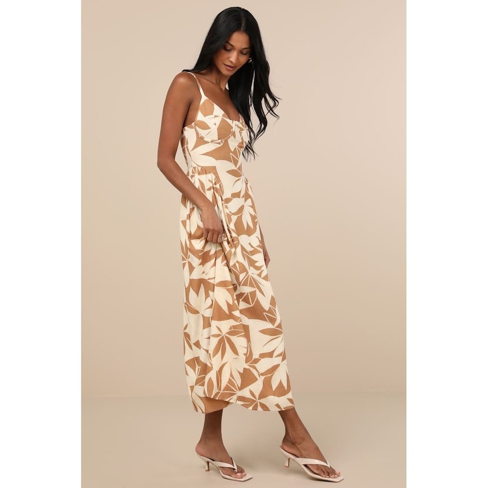 Lulus Tropical Leaf Print Bustier Midi Dress Tan‎ Cream Linen Blend Summer S - Picture 2 of 14